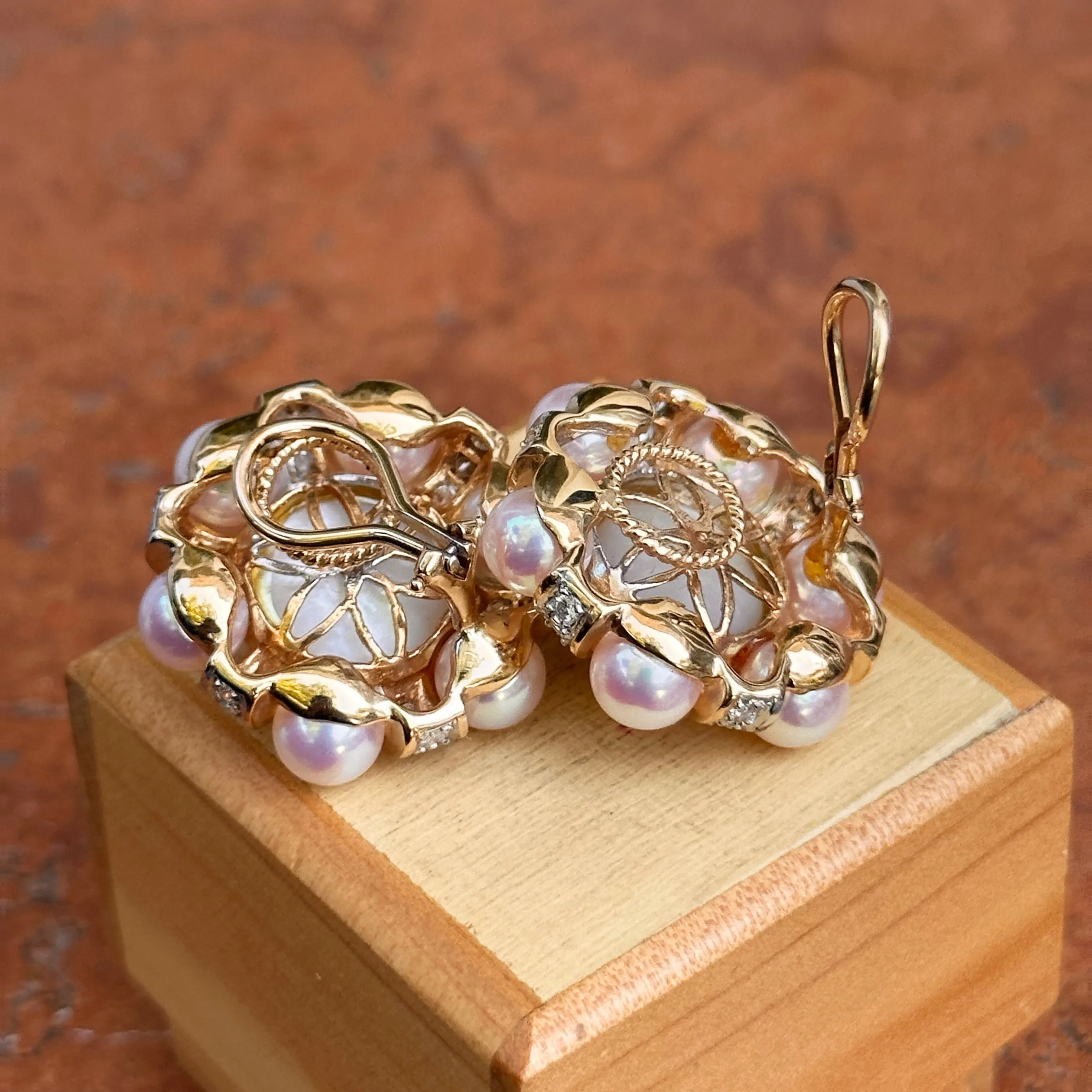 Estate Rita Tubus 14KT Yellow Gold Pearl   Pave Diamond Clip-On Earrings