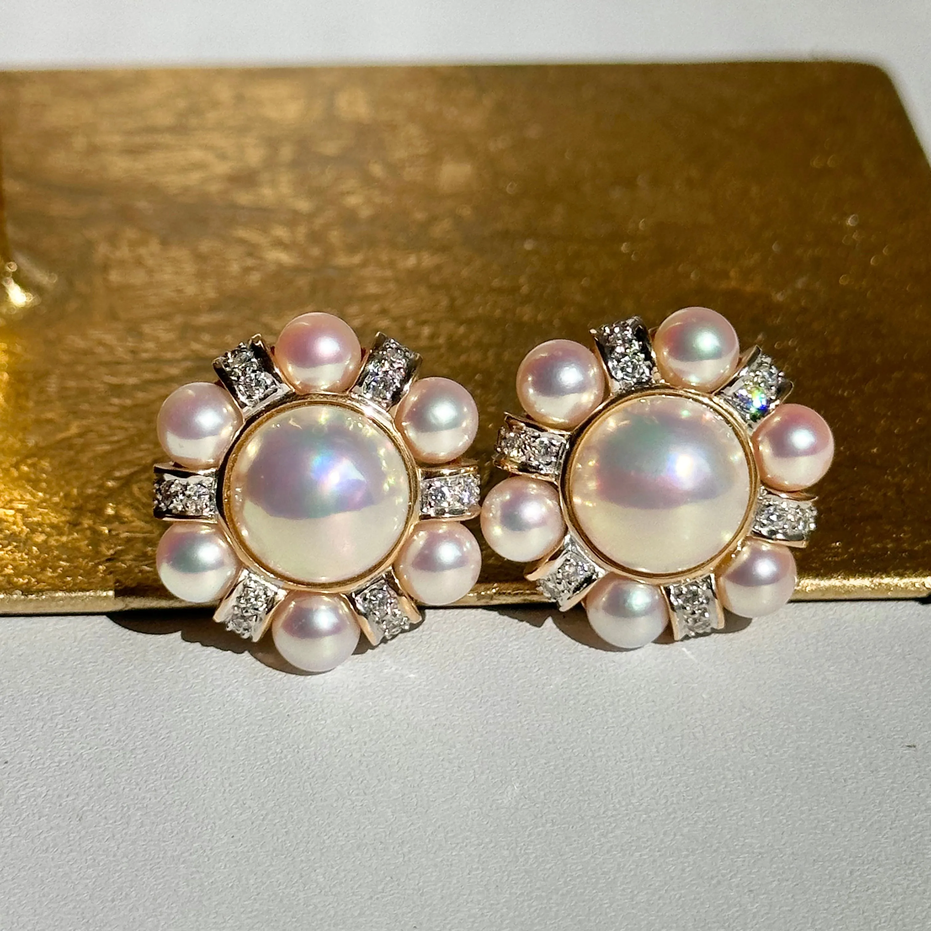 Estate Rita Tubus 14KT Yellow Gold Pearl   Pave Diamond Clip-On Earrings
