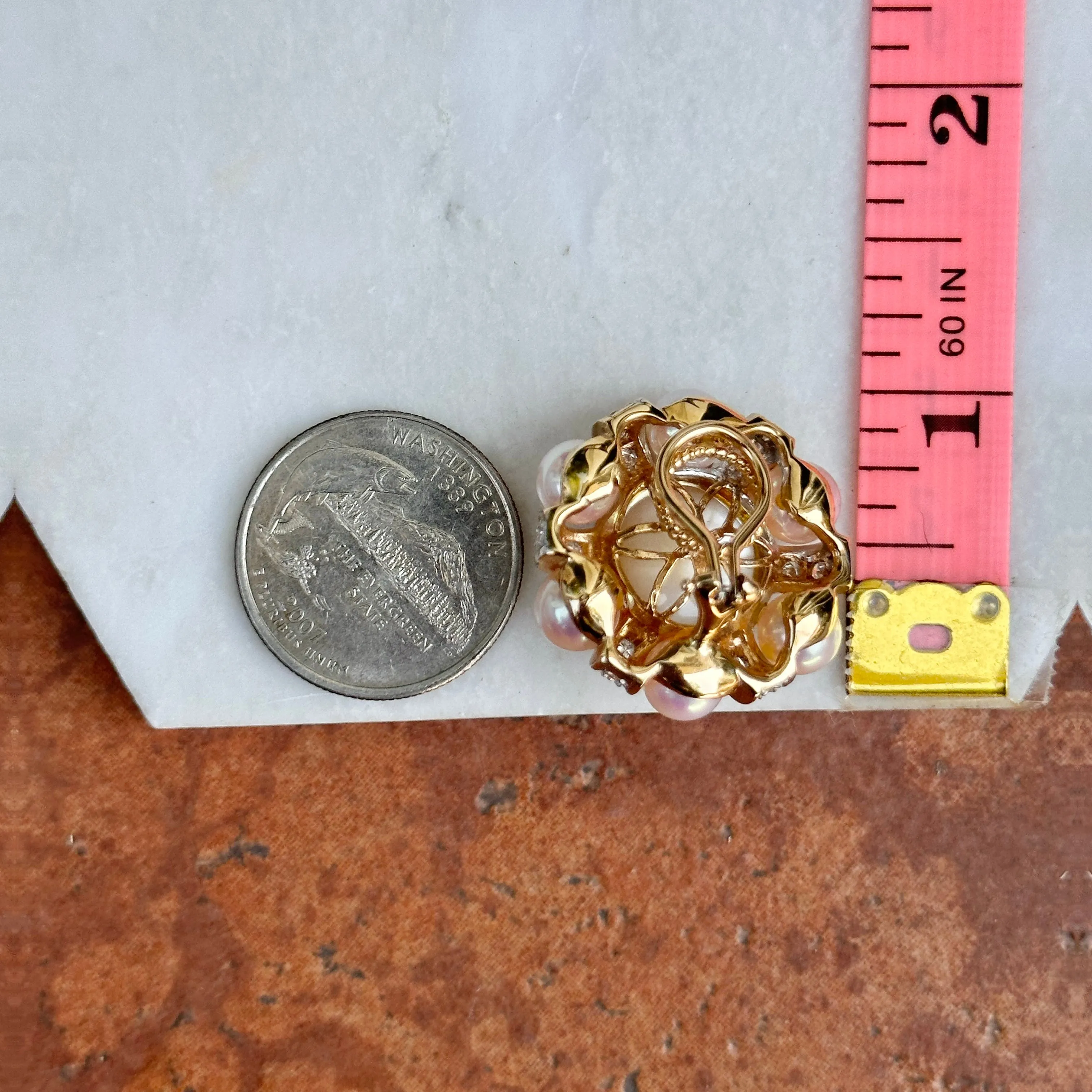 Estate Rita Tubus 14KT Yellow Gold Pearl   Pave Diamond Clip-On Earrings