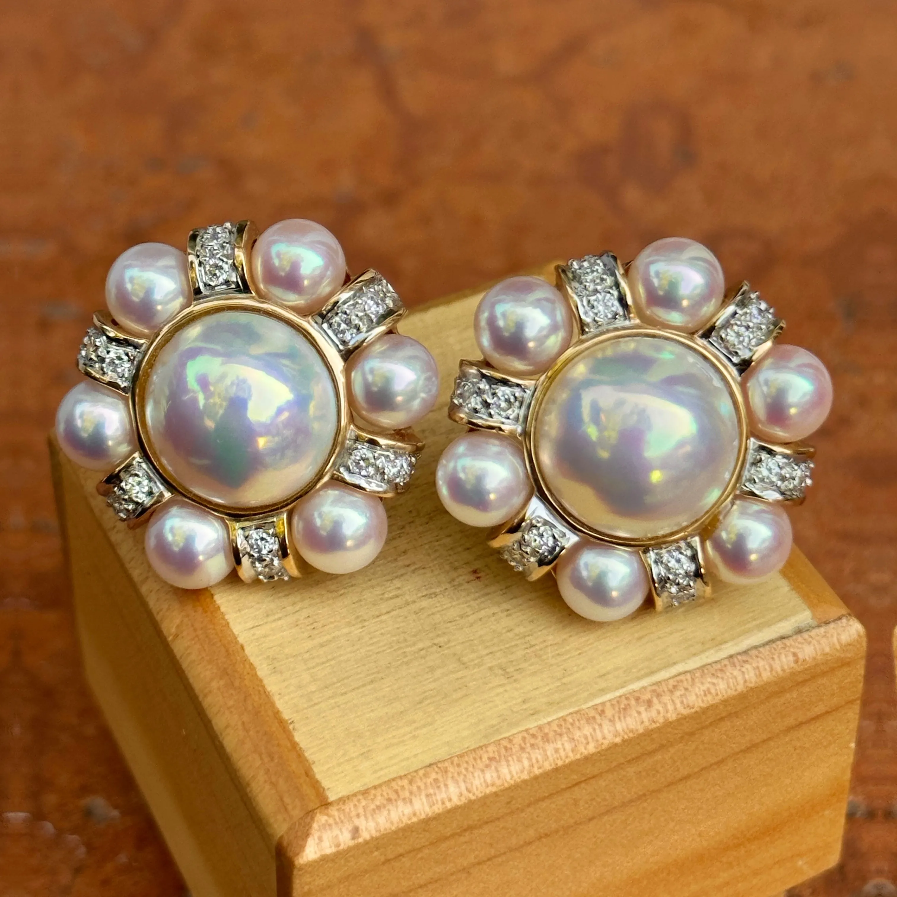 Estate Rita Tubus 14KT Yellow Gold Pearl   Pave Diamond Clip-On Earrings