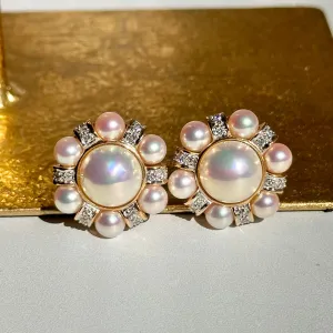 Estate Rita Tubus 14KT Yellow Gold Pearl   Pave Diamond Clip-On Earrings