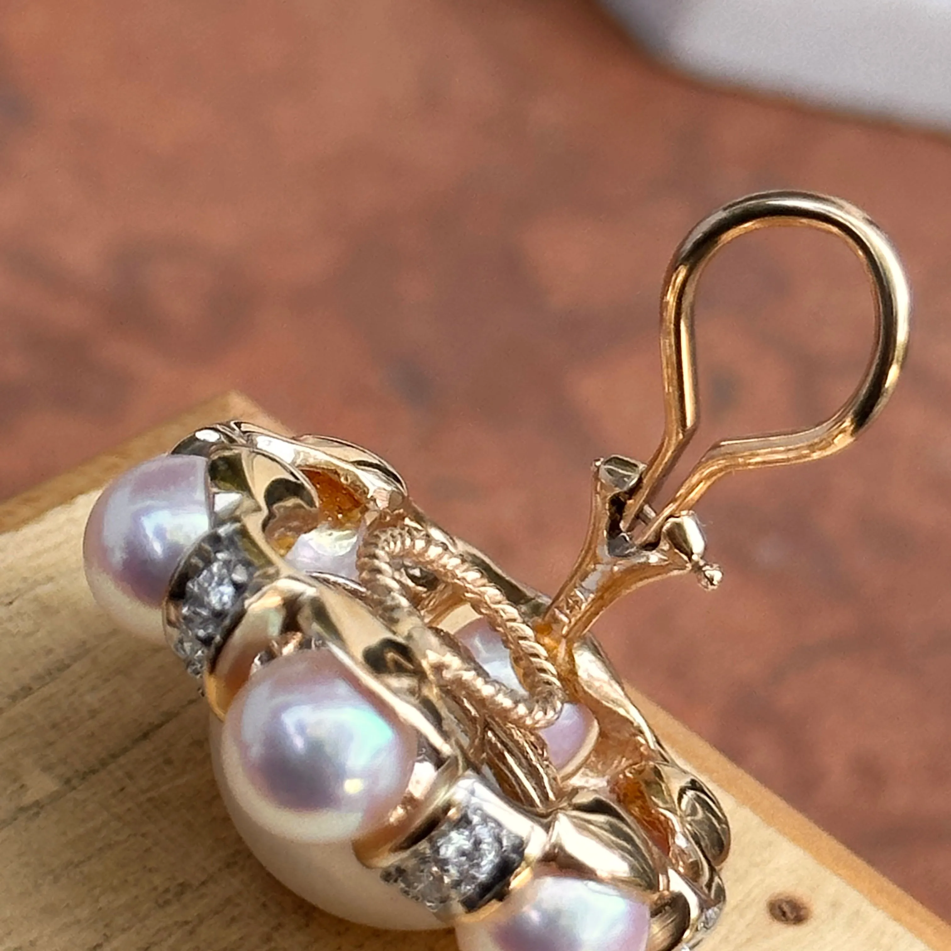 Estate Rita Tubus 14KT Yellow Gold Pearl   Pave Diamond Clip-On Earrings