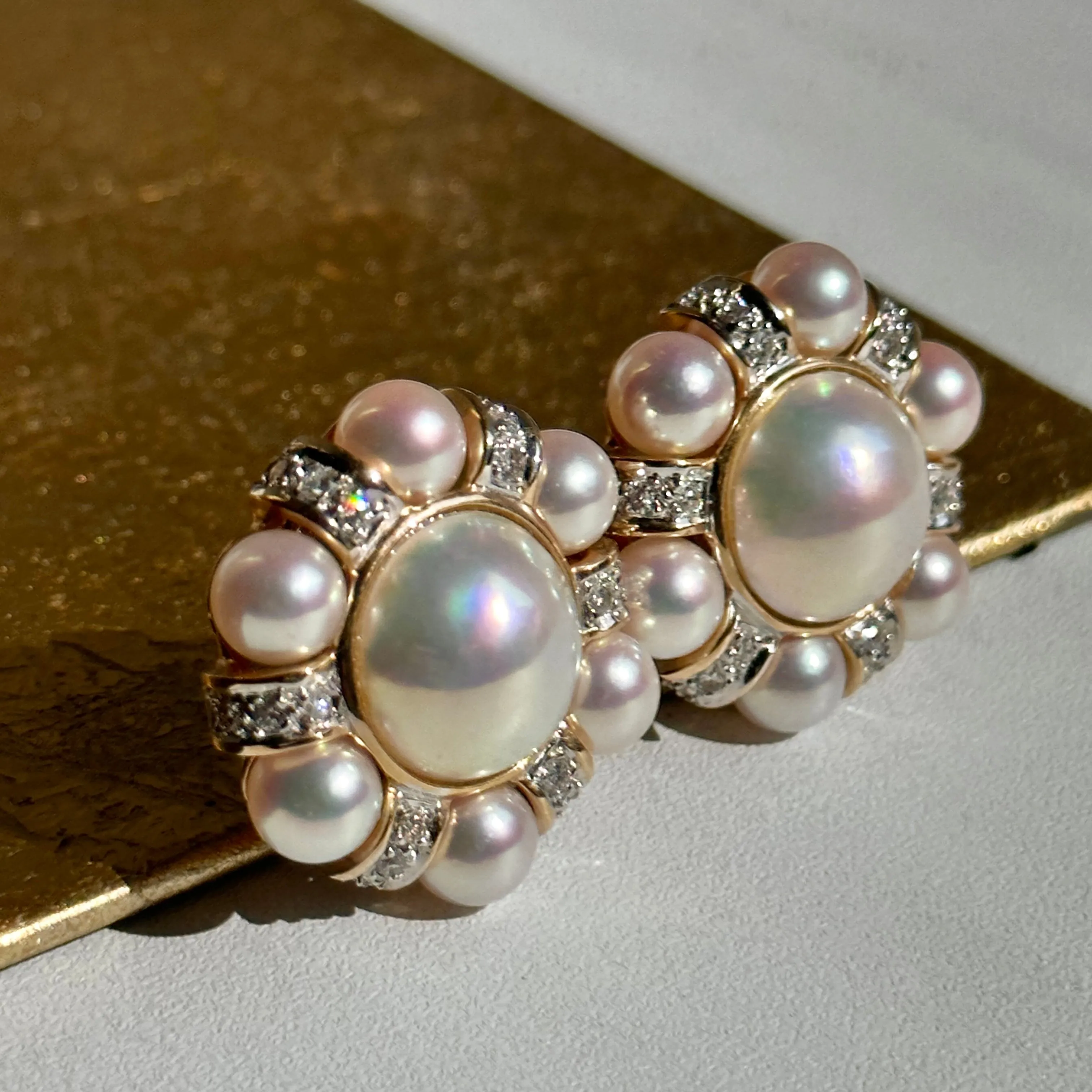 Estate Rita Tubus 14KT Yellow Gold Pearl   Pave Diamond Clip-On Earrings