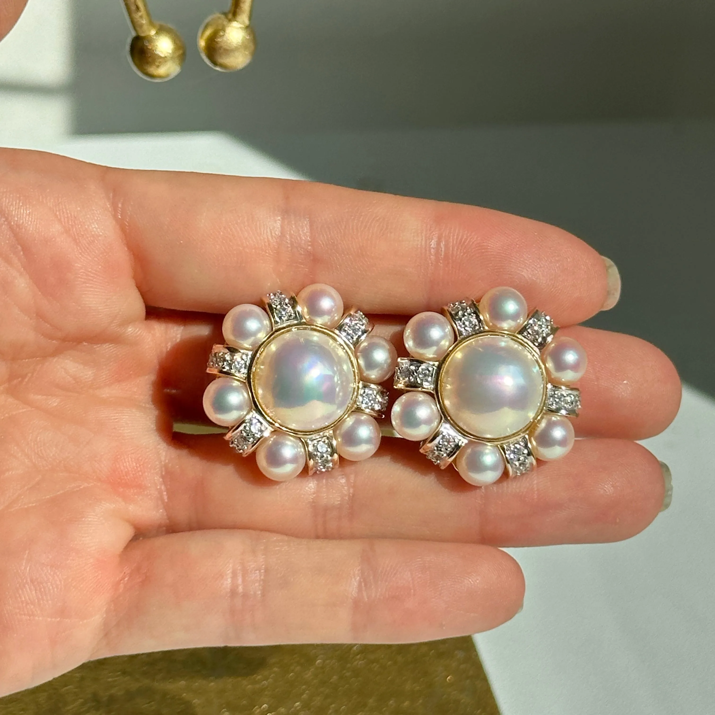 Estate Rita Tubus 14KT Yellow Gold Pearl   Pave Diamond Clip-On Earrings