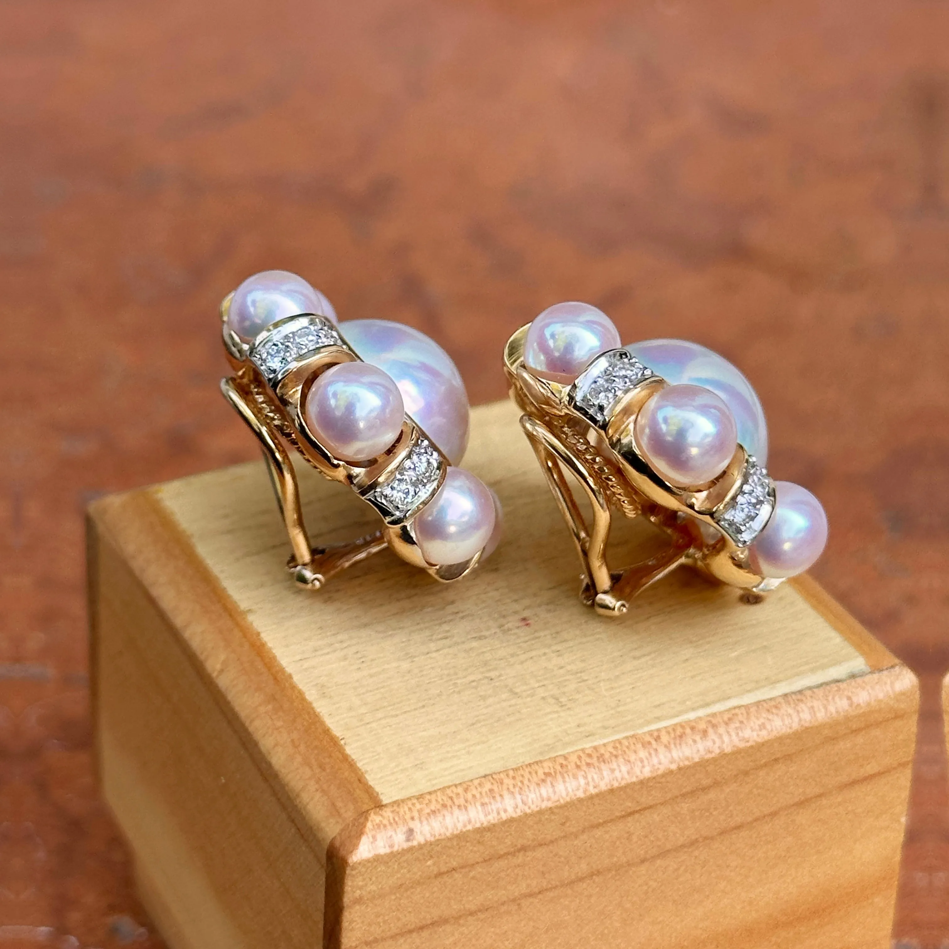 Estate Rita Tubus 14KT Yellow Gold Pearl   Pave Diamond Clip-On Earrings