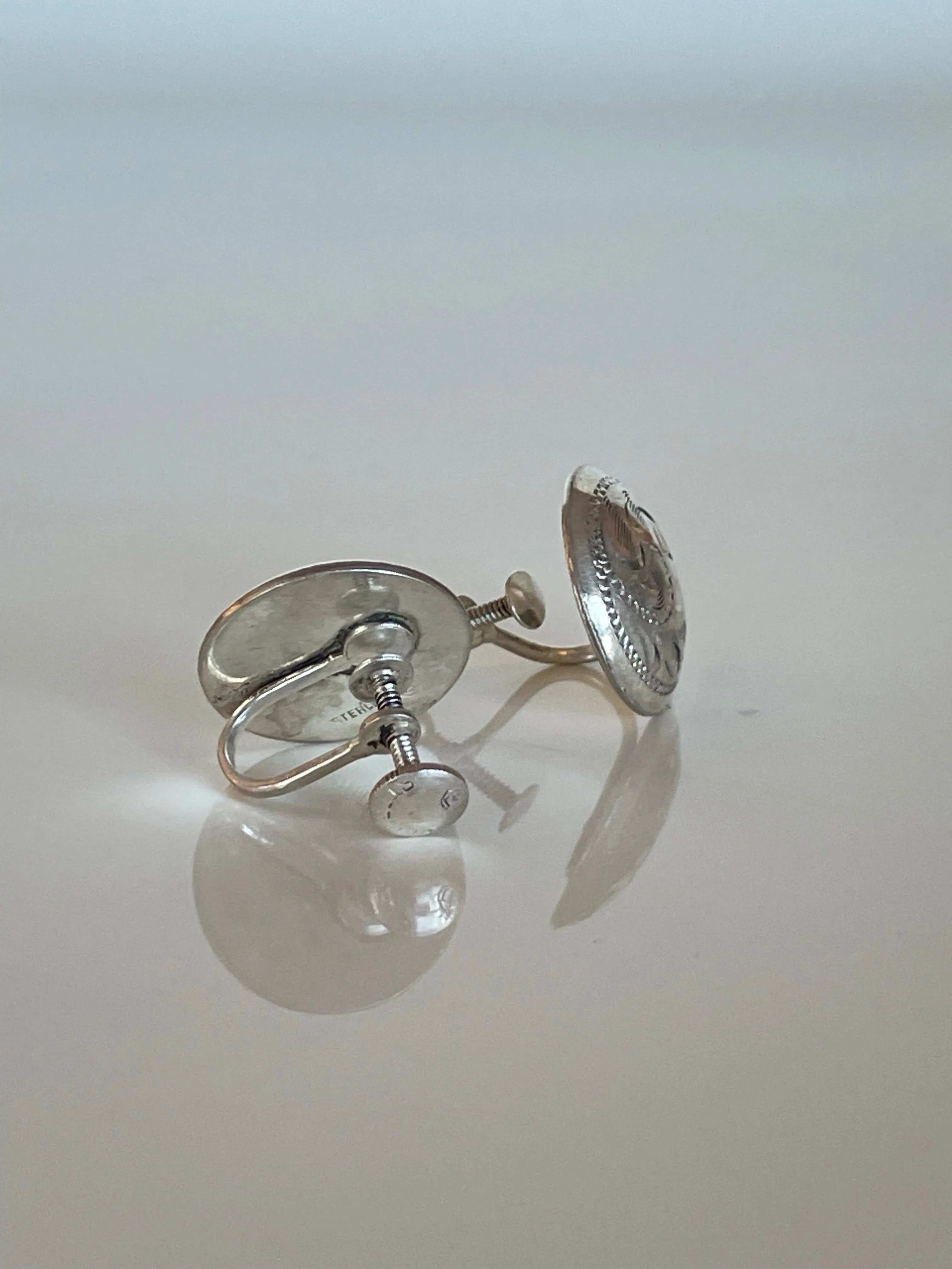 Etched Western Style Sterling Silver Screw Back Earrings Made By Birks