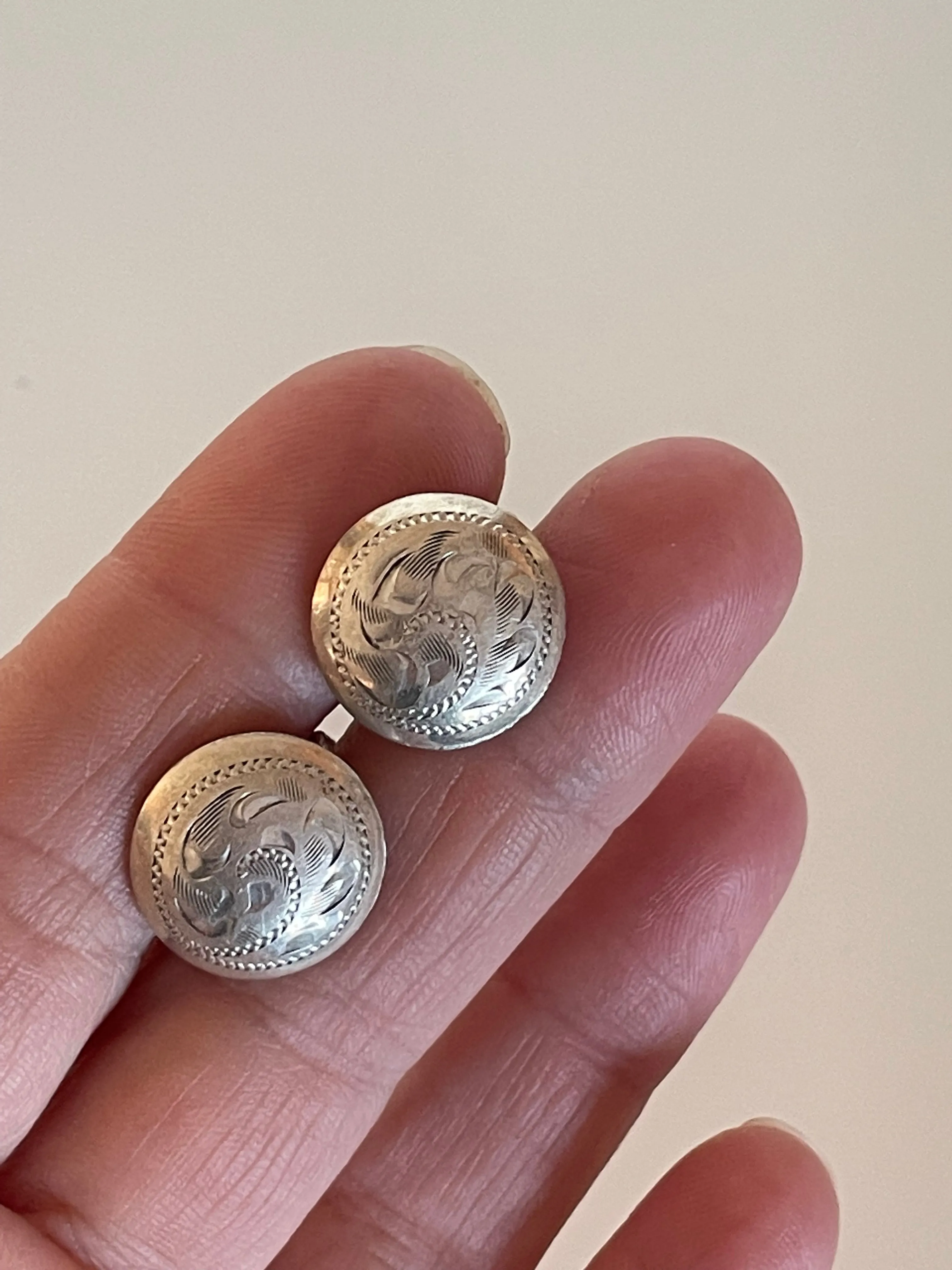 Etched Western Style Sterling Silver Screw Back Earrings Made By Birks
