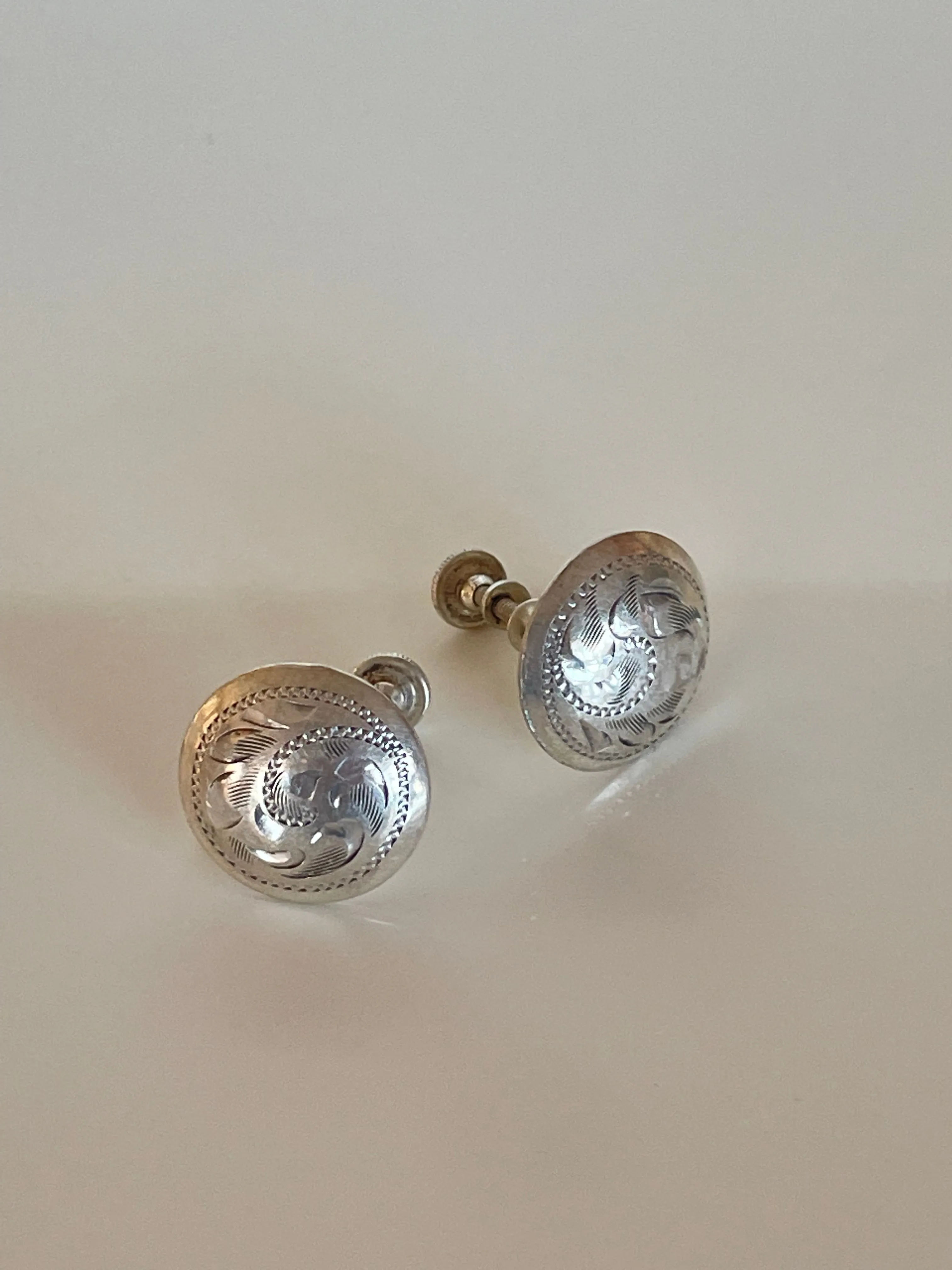 Etched Western Style Sterling Silver Screw Back Earrings Made By Birks