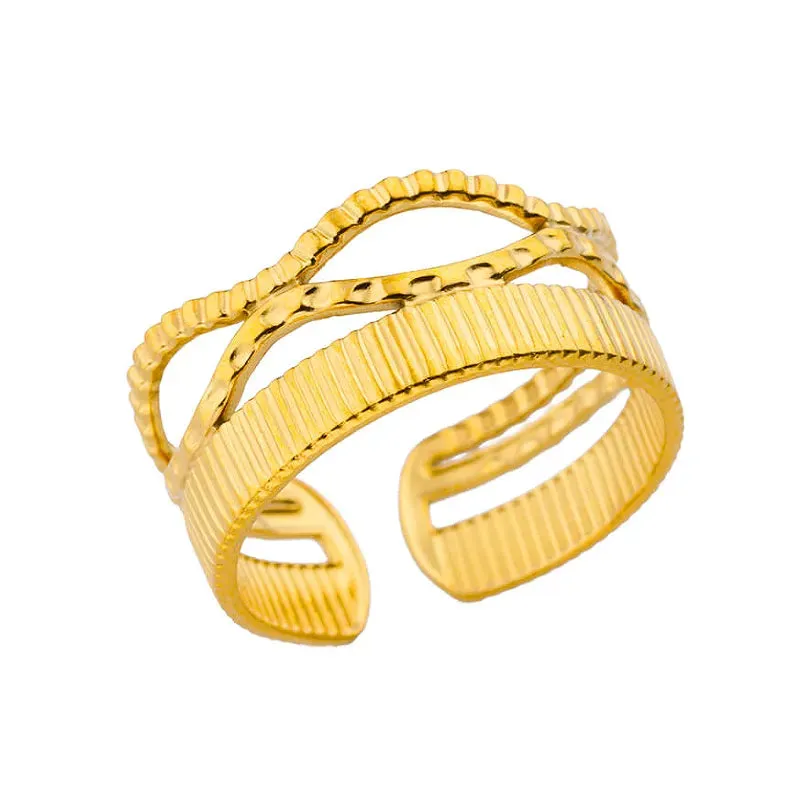 Exaggerated Gold Colour Stainless Steel Criss Cross Plating 18K Gold Plated Rings