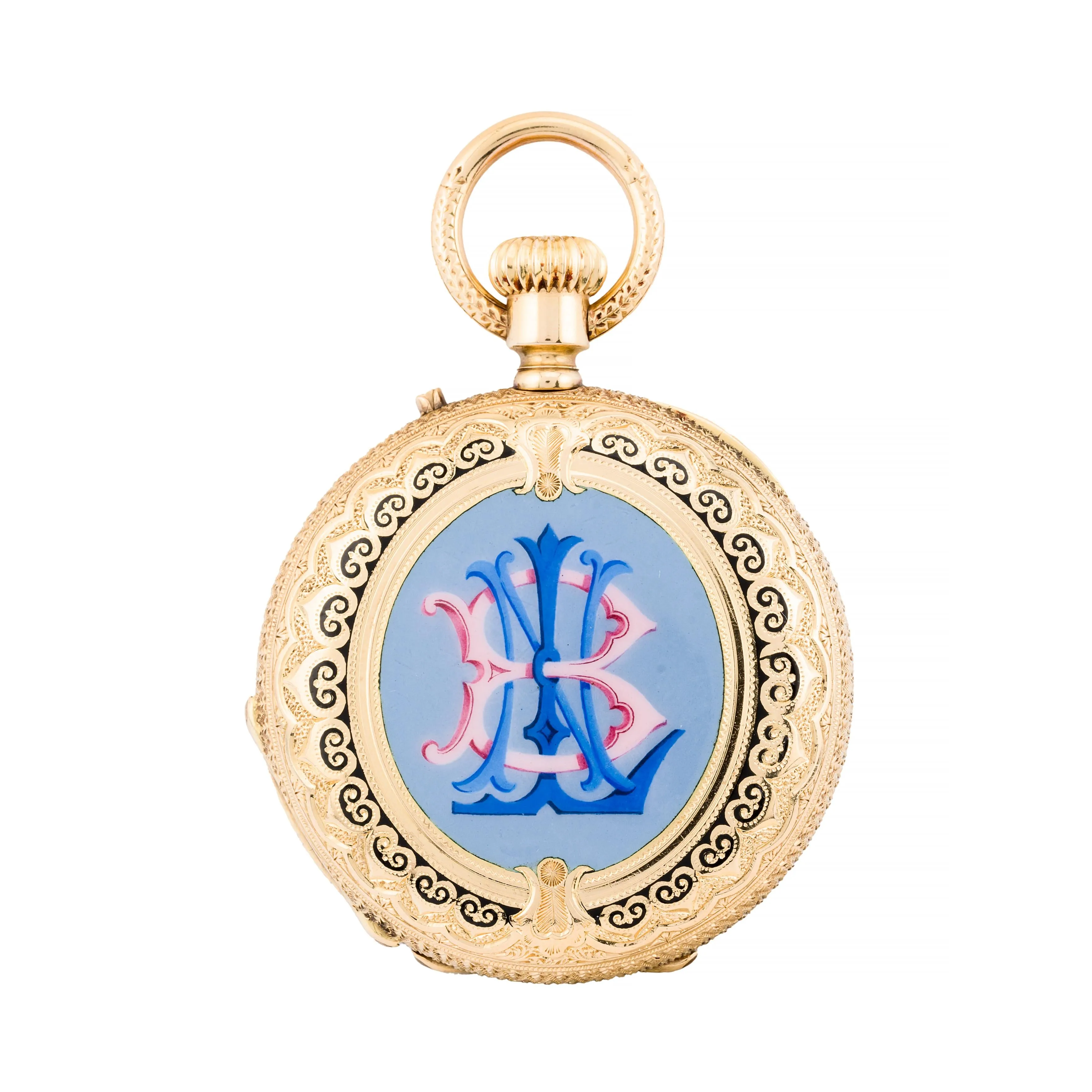 Exquisite Victorian Enamel Cherub Garden Scene 18 Karat Gold Swiss Pocket Watch