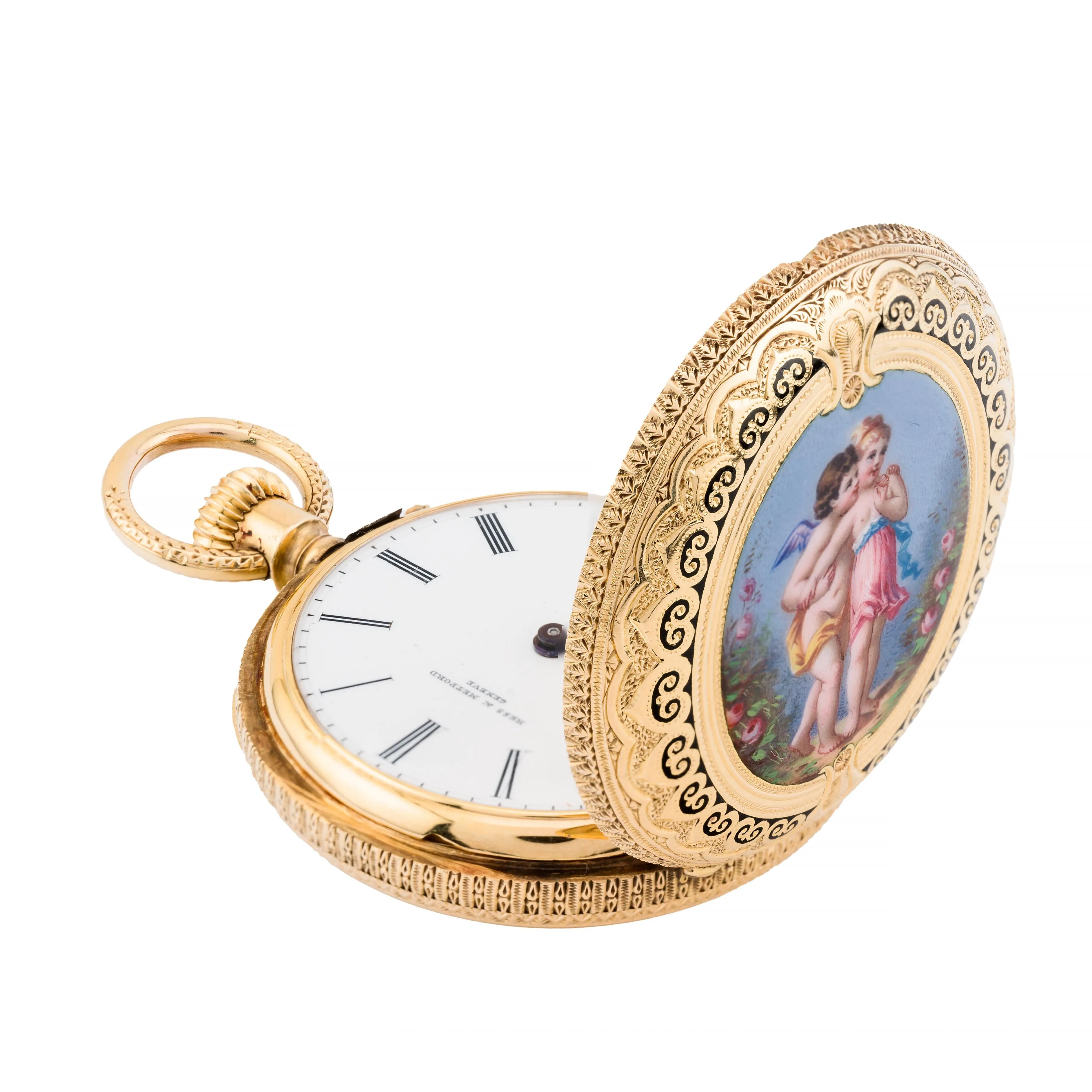 Exquisite Victorian Enamel Cherub Garden Scene 18 Karat Gold Swiss Pocket Watch