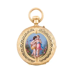 Exquisite Victorian Enamel Cherub Garden Scene 18 Karat Gold Swiss Pocket Watch