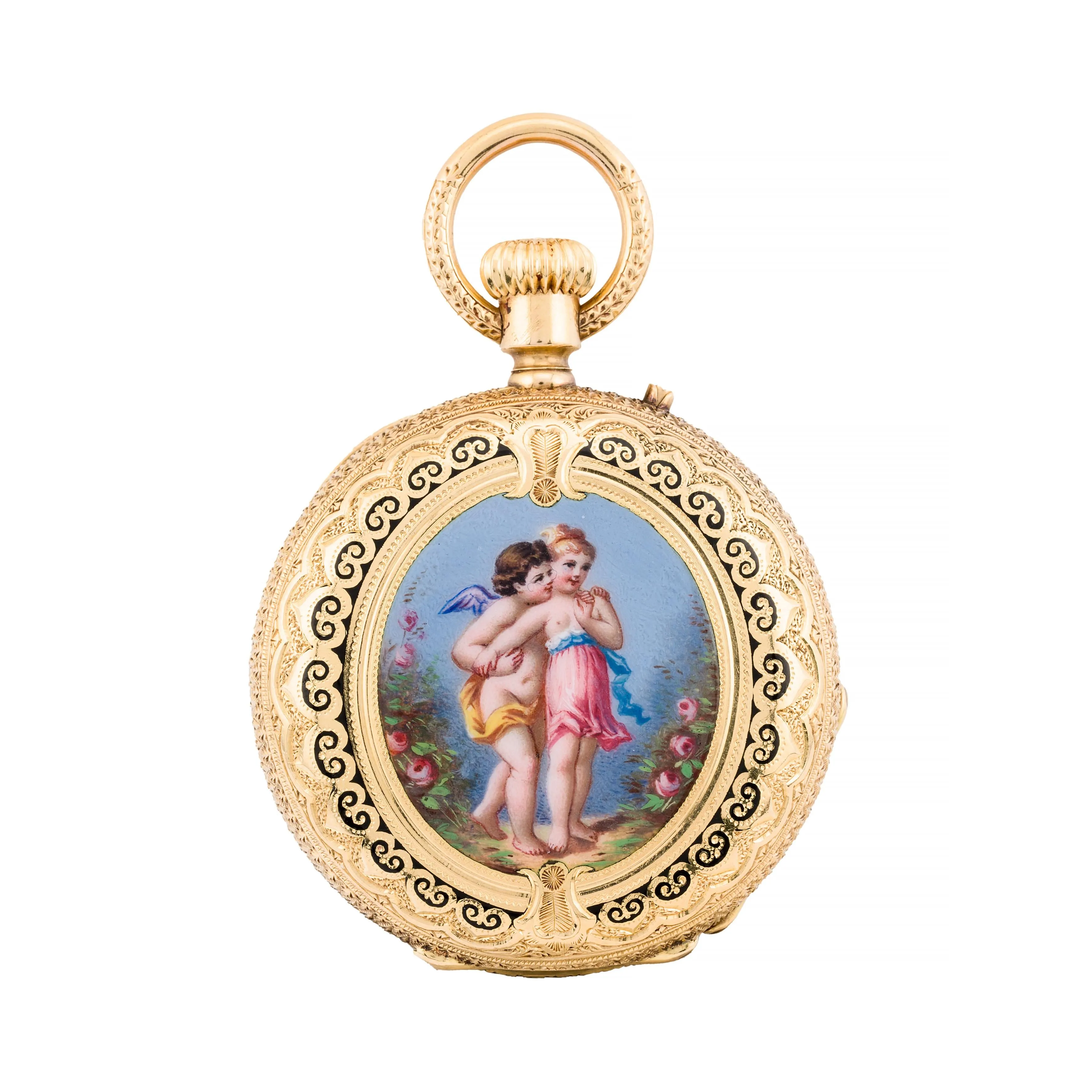 Exquisite Victorian Enamel Cherub Garden Scene 18 Karat Gold Swiss Pocket Watch