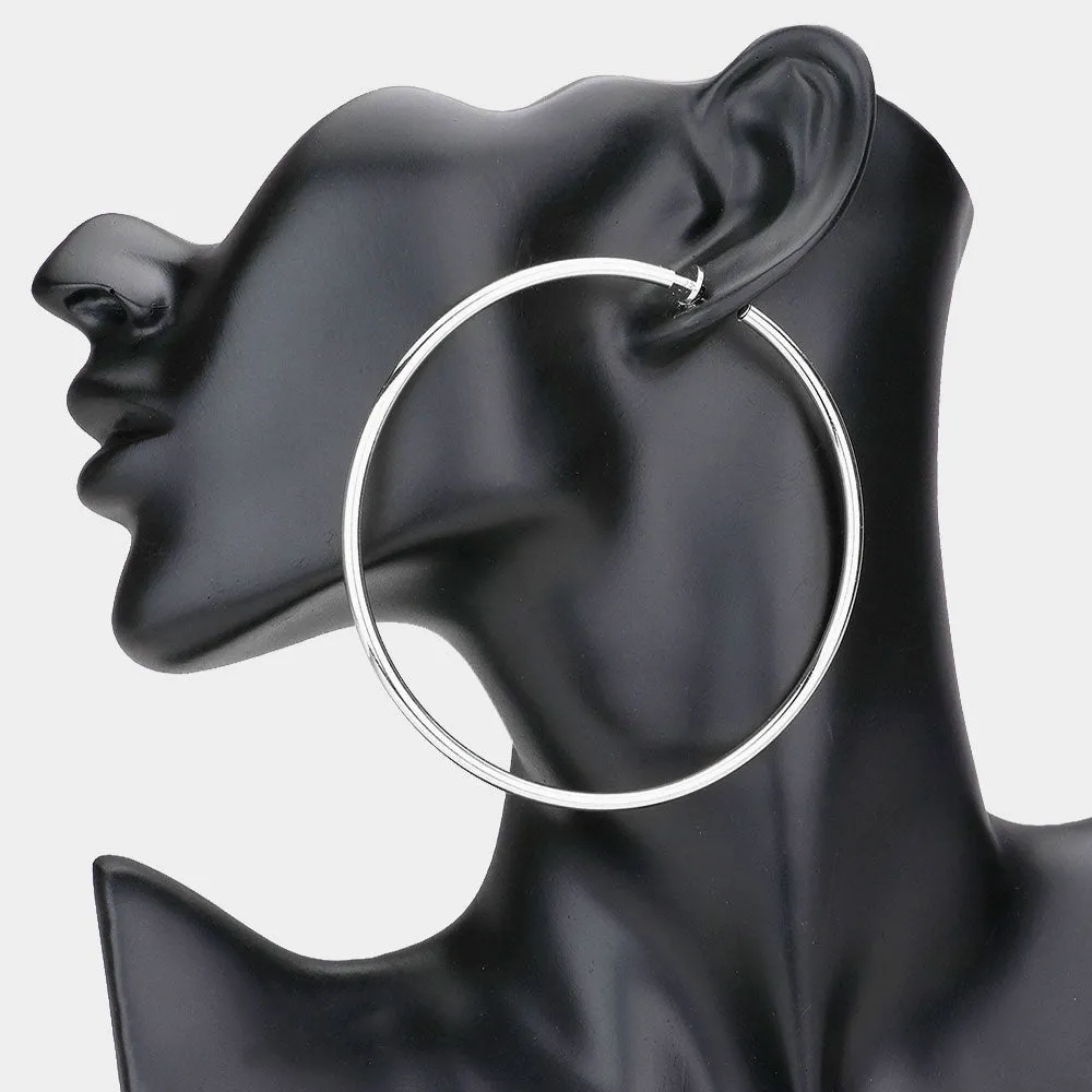 Extra Large Silver Metal Hoop Earrings | Clip On | 3.2" | 142494