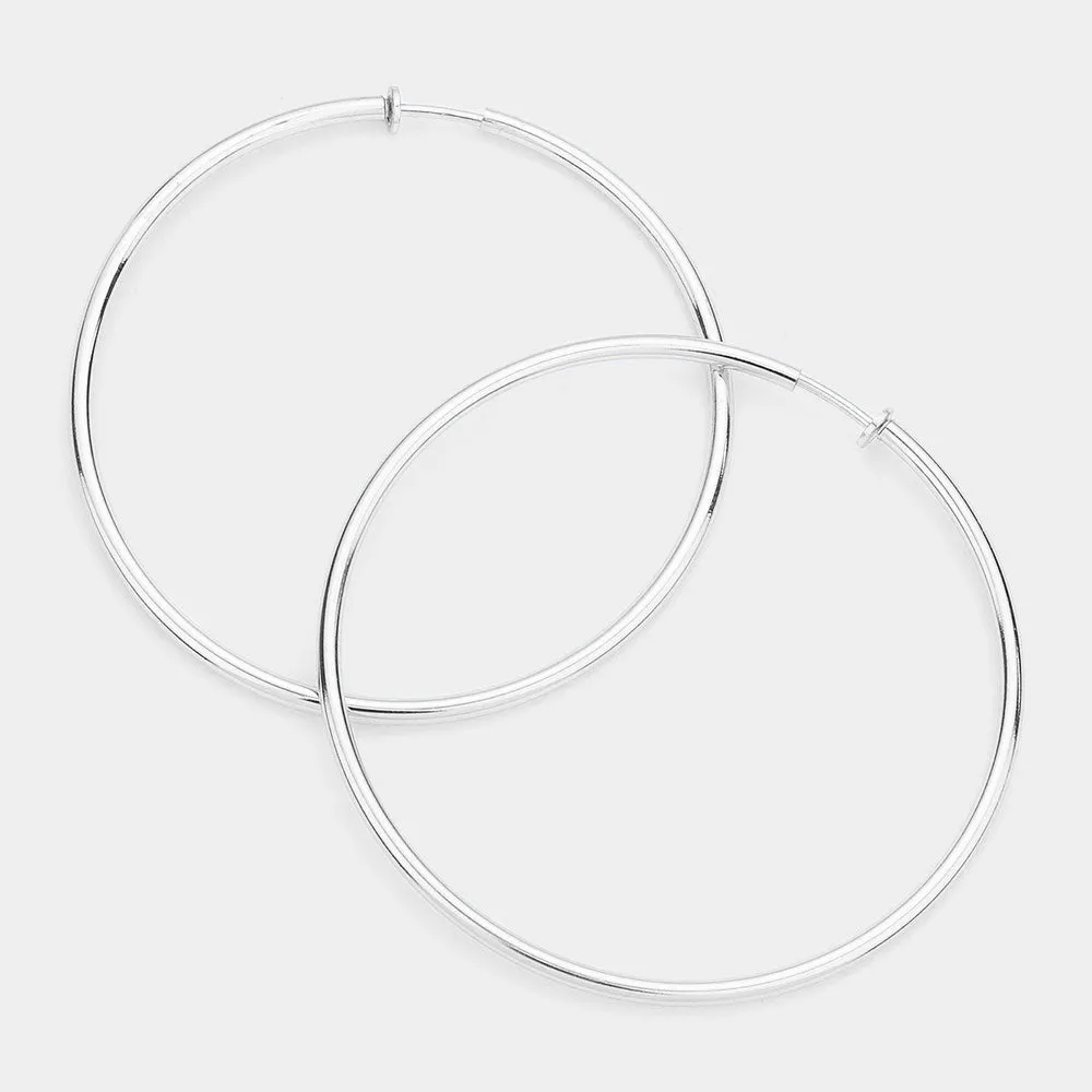 Extra Large Silver Metal Hoop Earrings | Clip On | 3.2" | 142494
