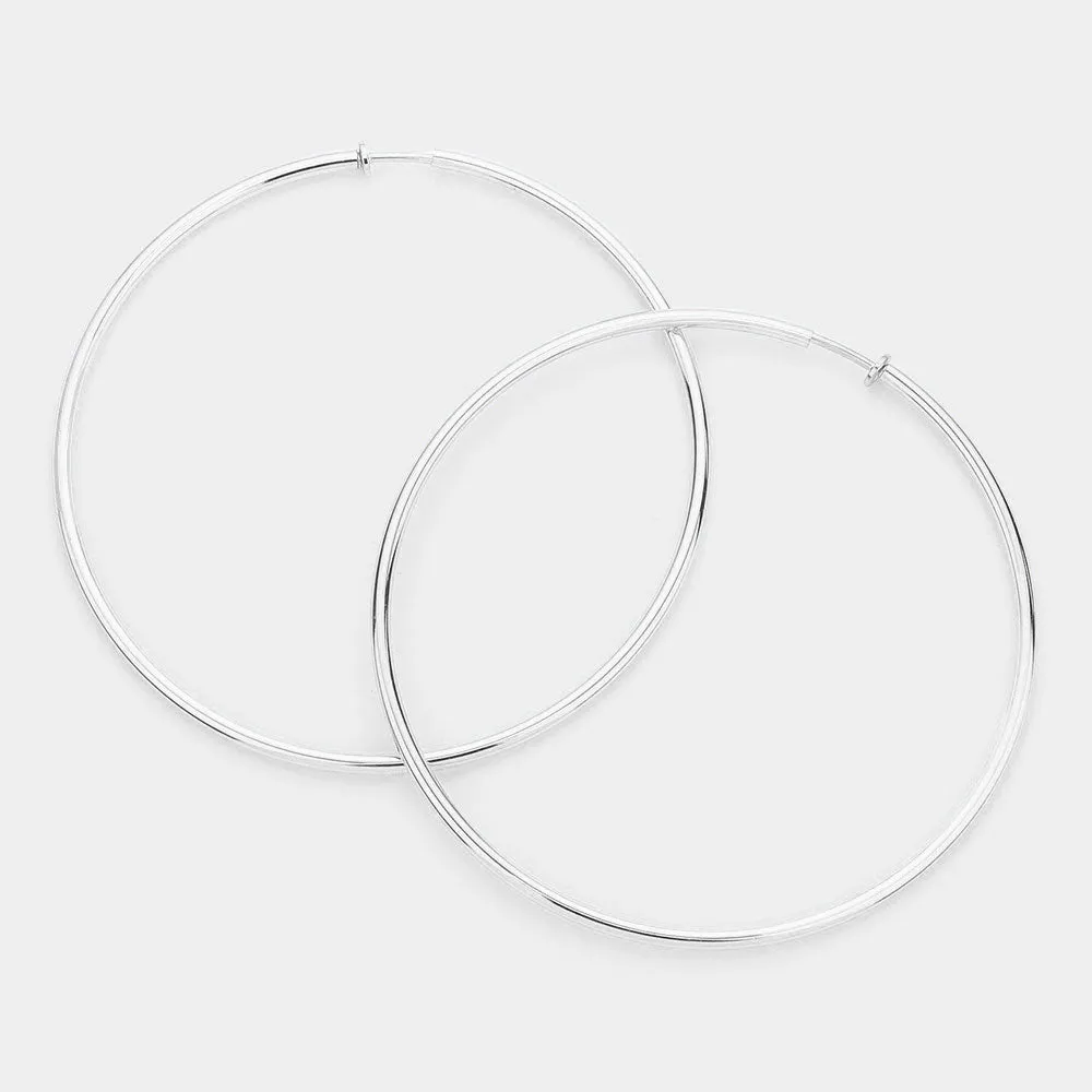 Extra Large Silver Metal Hoop Earrings | Clip On | 4" | 432077