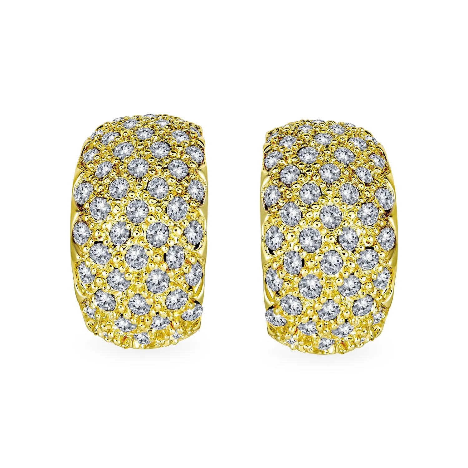 Fashion Pave Encrusted Crystal Wide Half Dome Clip On Earrings Gold Plated