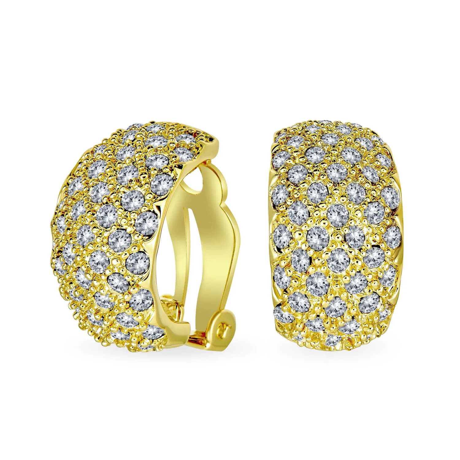 Fashion Pave Encrusted Crystal Wide Half Dome Clip On Earrings Gold Plated