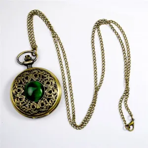 Fashion Quartz Pocket Watch Big Hollow Emerald Stone Vintage Necklace Pendant Fob Watches Clock Chain for Men Women Gifts