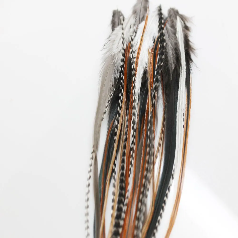 Feather Hair Extension – Natural Beige and Brown Feathers, All Individual Loose Feathers, Ranging from 8 to 12 Inches in Length, with a Total of 25 Feathers, Includes 10 Silicone Micro Beads