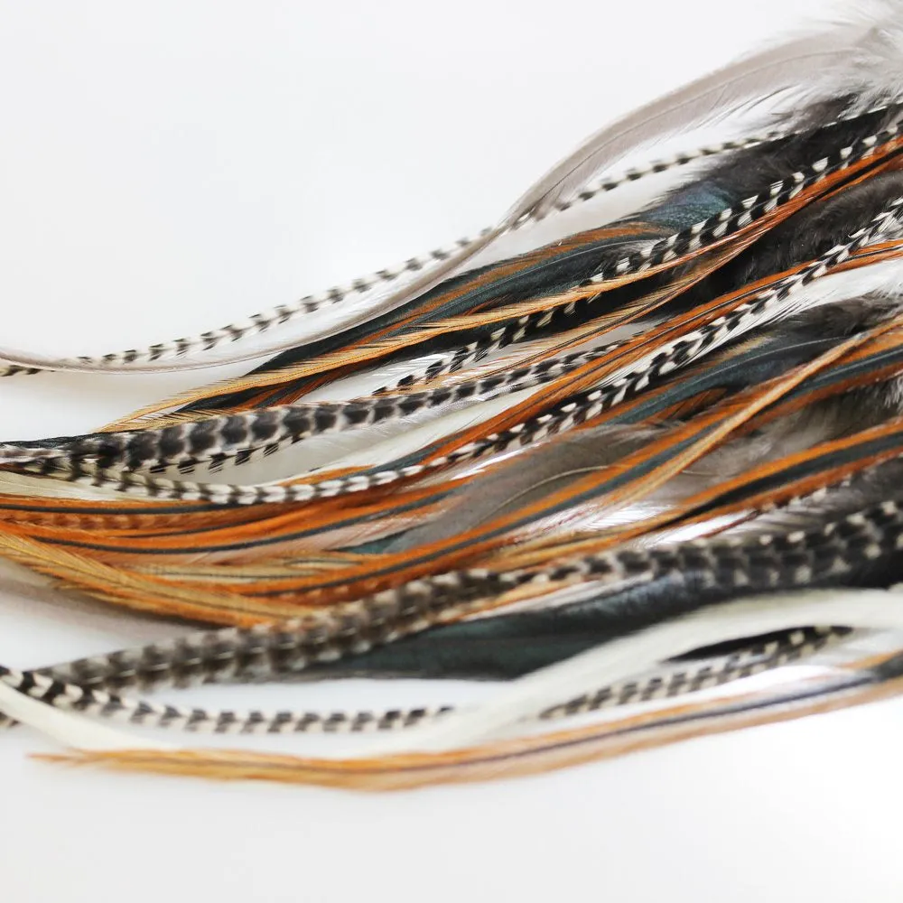 Feather Hair Extension – Natural Beige and Brown Feathers, All Individual Loose Feathers, Ranging from 8 to 12 Inches in Length, with a Total of 25 Feathers, Includes 10 Silicone Micro Beads