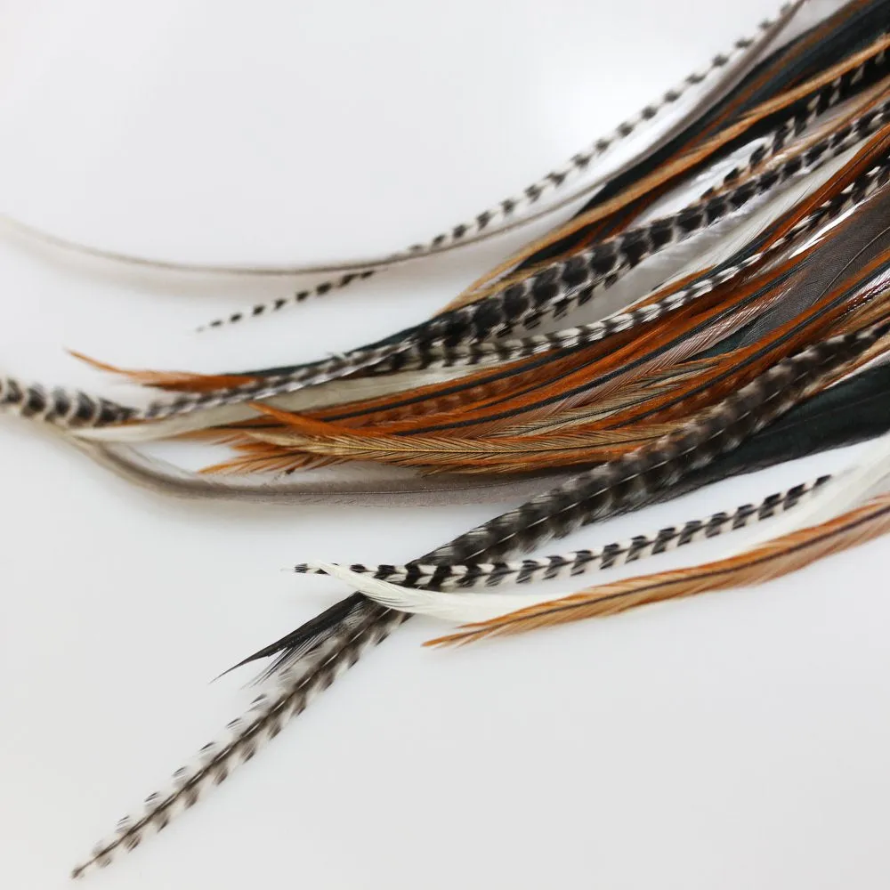 Feather Hair Extension – Natural Beige and Brown Feathers, All Individual Loose Feathers, Ranging from 8 to 12 Inches in Length, with a Total of 25 Feathers, Includes 10 Silicone Micro Beads