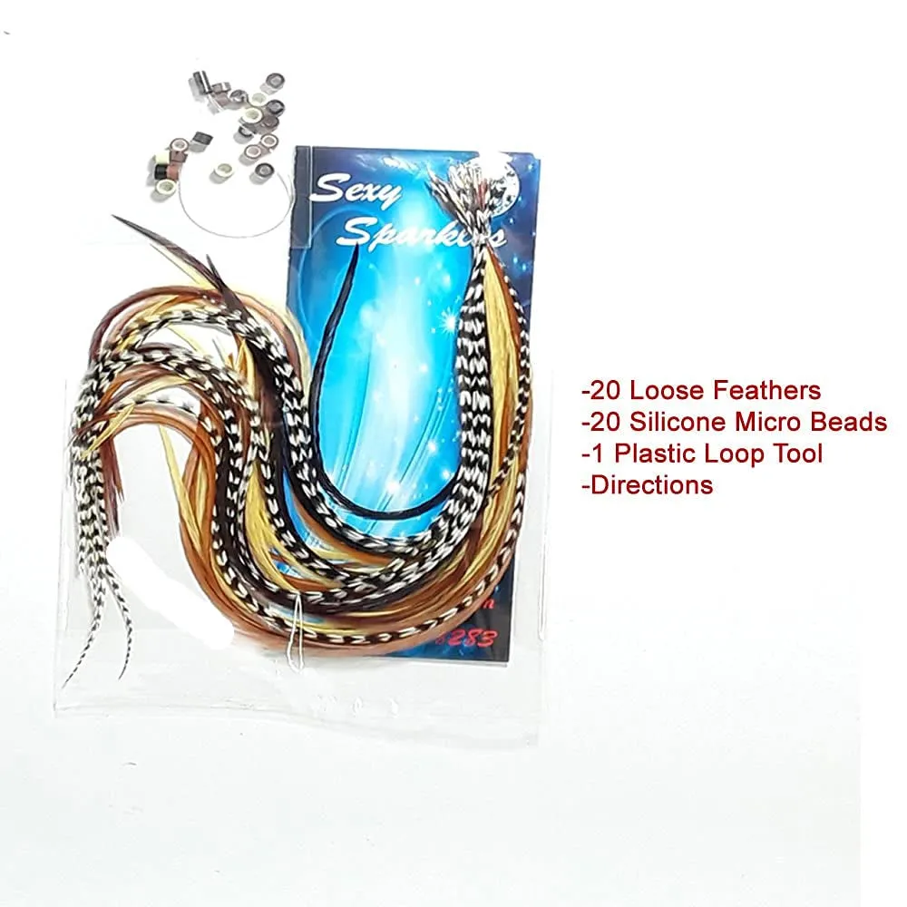 Feather Hair Extensions – 100% Real Rooster Feathers, 20 Natural Color Feathers, Ranging from 8 to 11 Inches, Includes 20 Micro Beads and Loop Tool Kit
