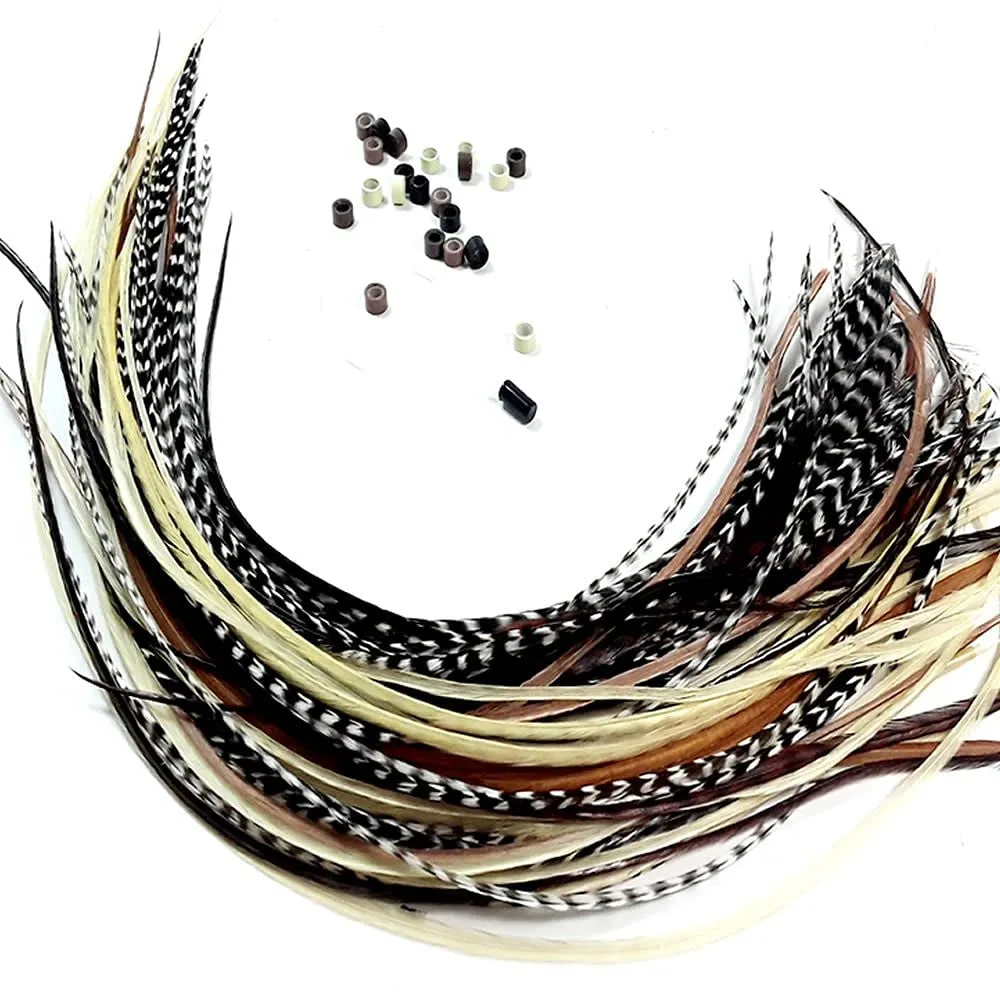 Feather Hair Extensions – 100% Real Rooster Feathers, 20 Natural Color Feathers, Ranging from 8 to 11 Inches, Includes 20 Micro Beads and Loop Tool Kit