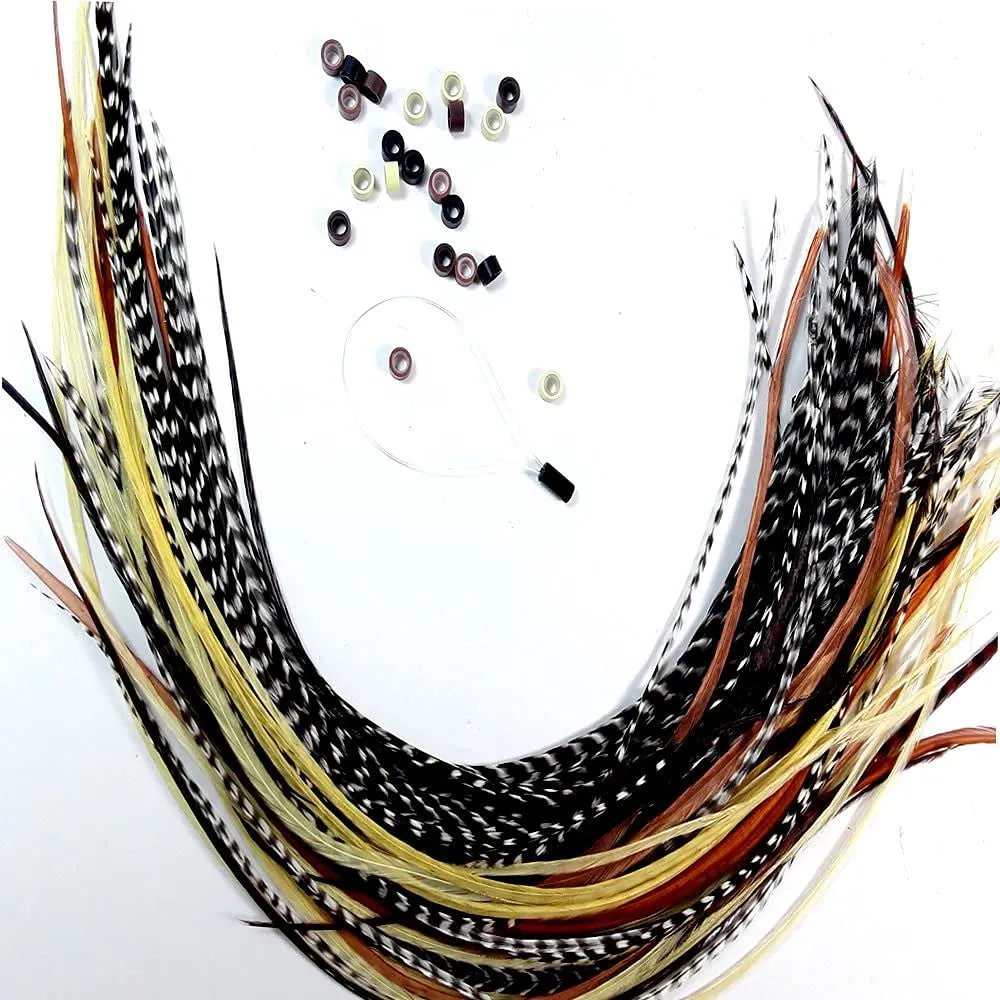 Feather Hair Extensions – 100% Real Rooster Feathers, 20 Natural Color Feathers, Ranging from 8 to 11 Inches, Includes 20 Micro Beads and Loop Tool Kit