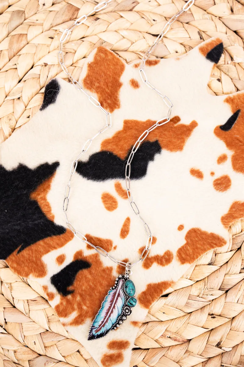Feather In The Wind Turquoise Silvertone Necklace