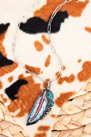 Feather In The Wind Turquoise Silvertone Necklace