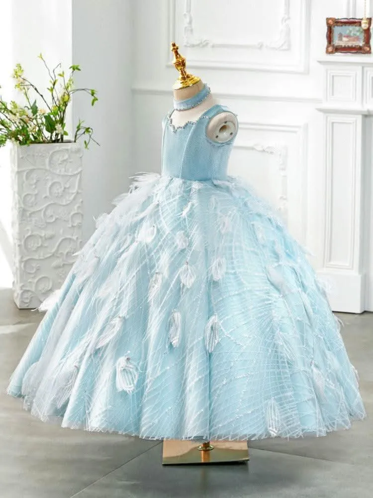 Feathered Princess Gown Fairy Blue Dream Dress Elegant Blue Ball Gown