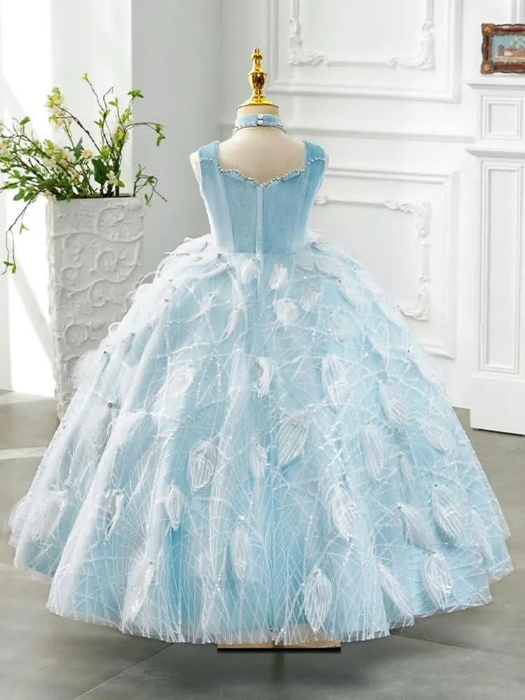 Feathered Princess Gown Fairy Blue Dream Dress Elegant Blue Ball Gown