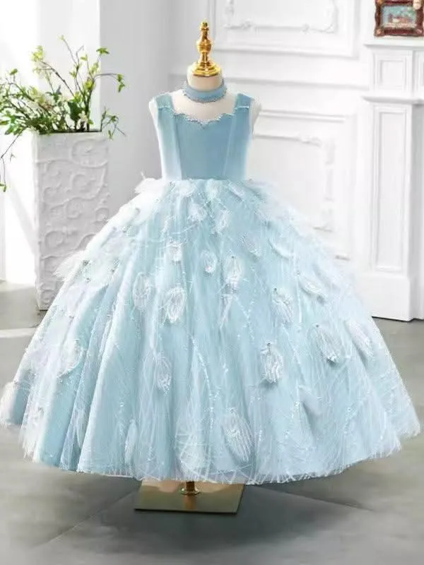 Feathered Princess Gown Fairy Blue Dream Dress Elegant Blue Ball Gown