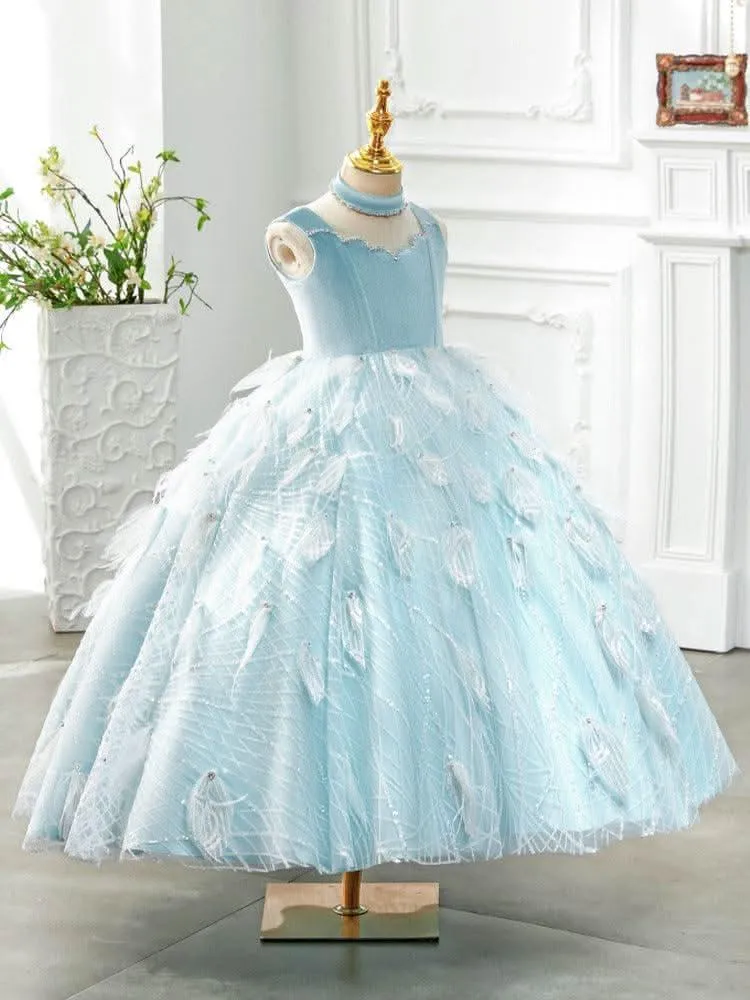 Feathered Princess Gown Fairy Blue Dream Dress Elegant Blue Ball Gown