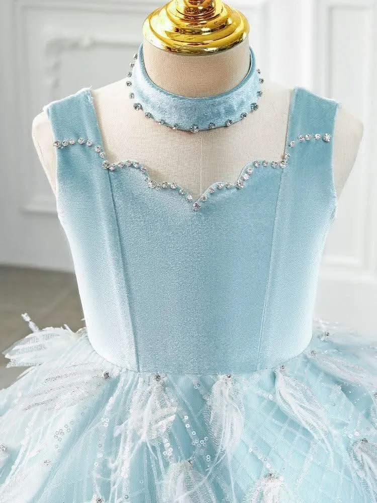Feathered Princess Gown Fairy Blue Dream Dress Elegant Blue Ball Gown