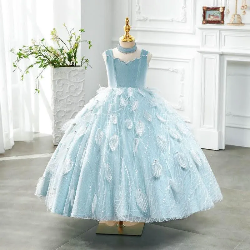 Feathered Princess Gown Fairy Blue Dream Dress Elegant Blue Ball Gown