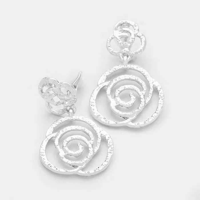Filigreed Rose Silver Tone Metal Clip on Earrings