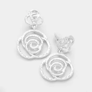 Filigreed Rose Silver Tone Metal Clip on Earrings