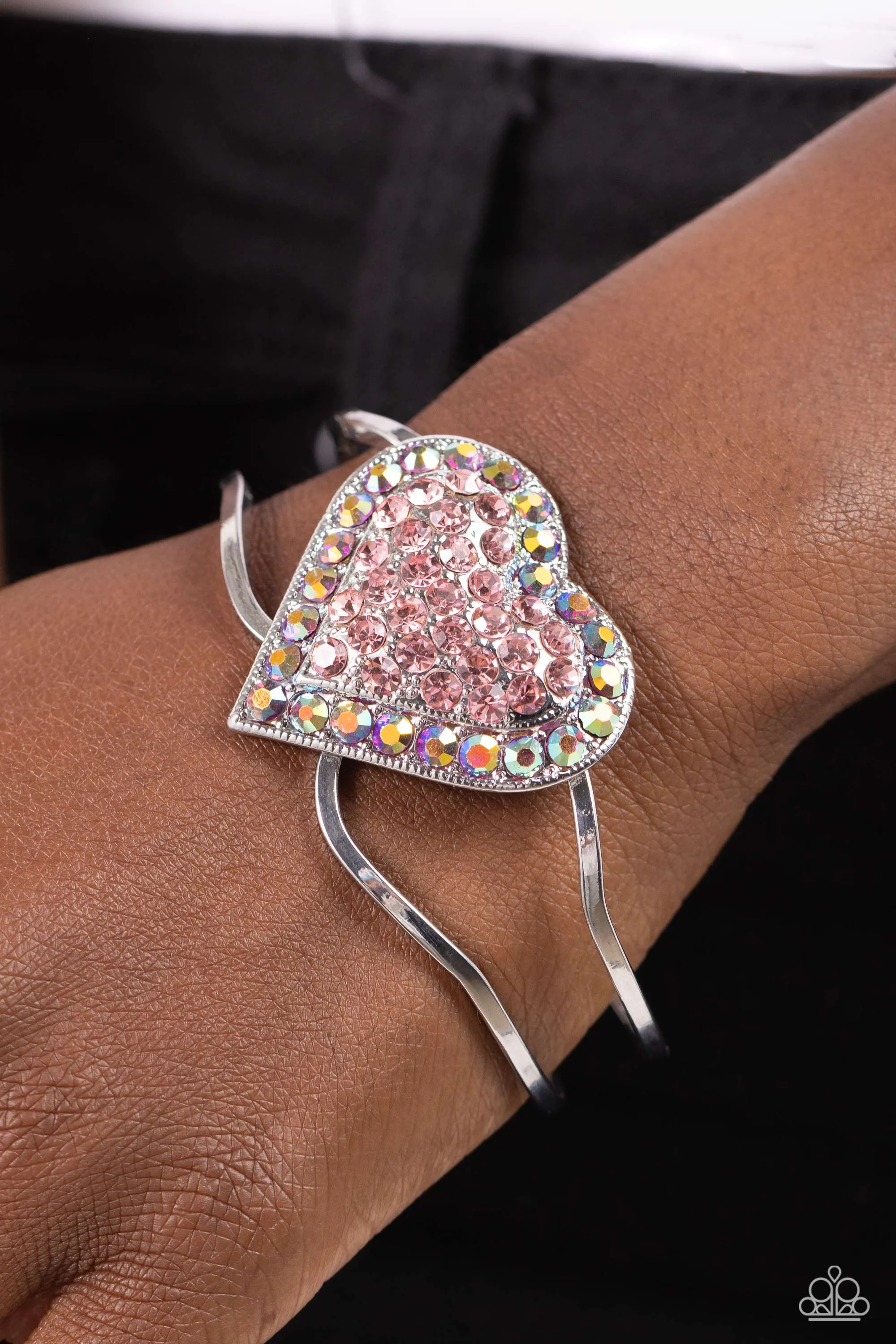 Flirtatious Finale - Pink - Oversized Rhinestone Encrusted Heart Paparazzi Hinge Bracelet