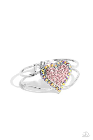 Flirtatious Finale - Pink - Oversized Rhinestone Encrusted Heart Paparazzi Hinge Bracelet