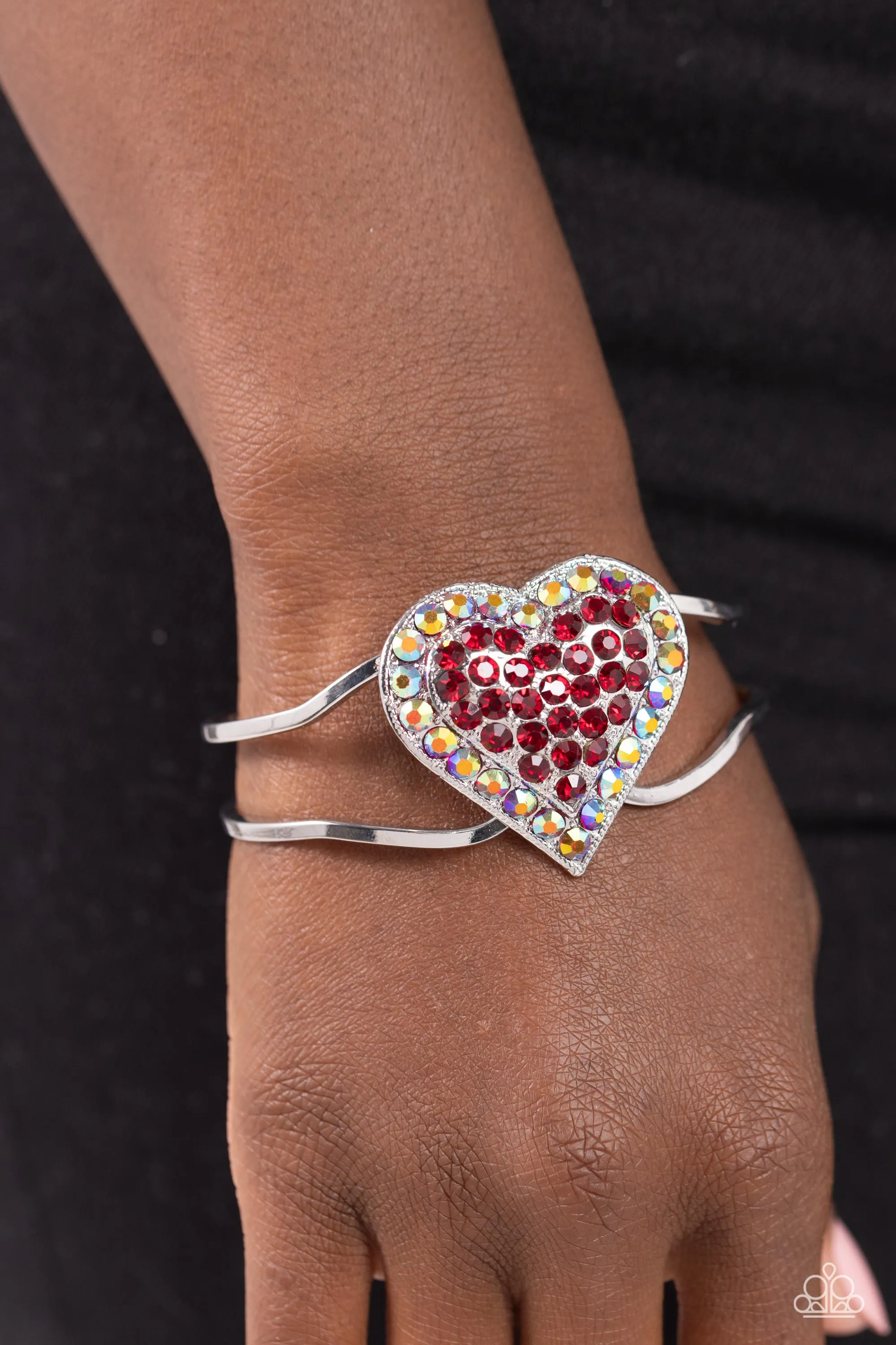 Flirtatious Finale - Red - and Iridescent Rhinestone Oversized Heart Paparazzi Hinge Bracelet