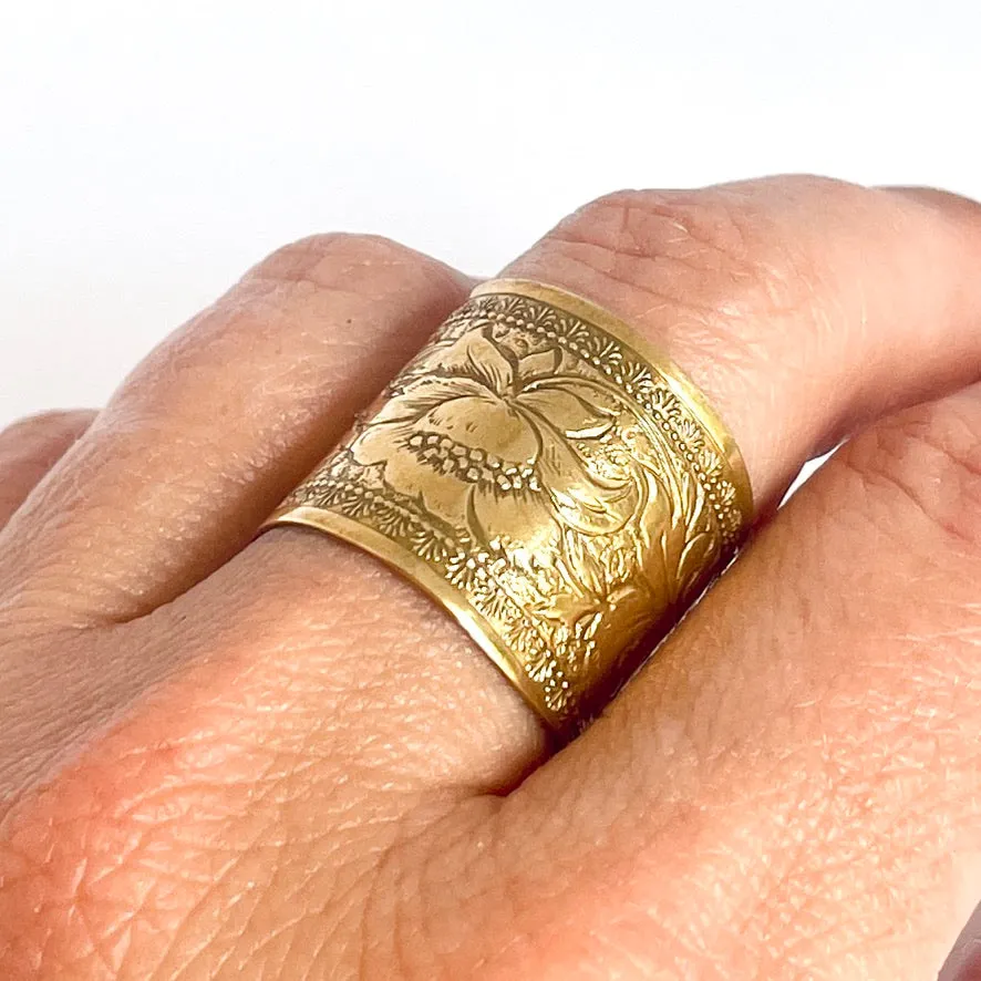 Floral Etched Wide Band Adjustable Rings - Featherhead Studio
