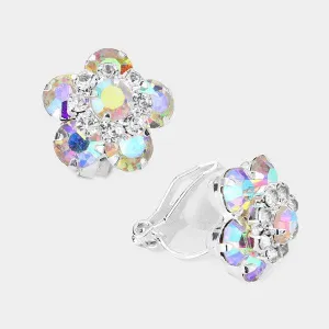 Flower Aurora Borealis Bubble Stone Silver Clip on Earrings