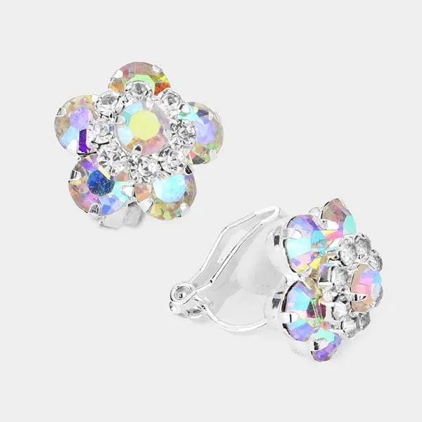 Flower Aurora Borealis Bubble Stone Silver Clip on Earrings