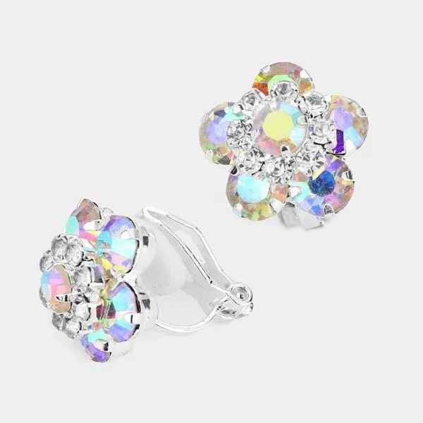 Flower Aurora Borealis Bubble Stone Silver Clip on Earrings