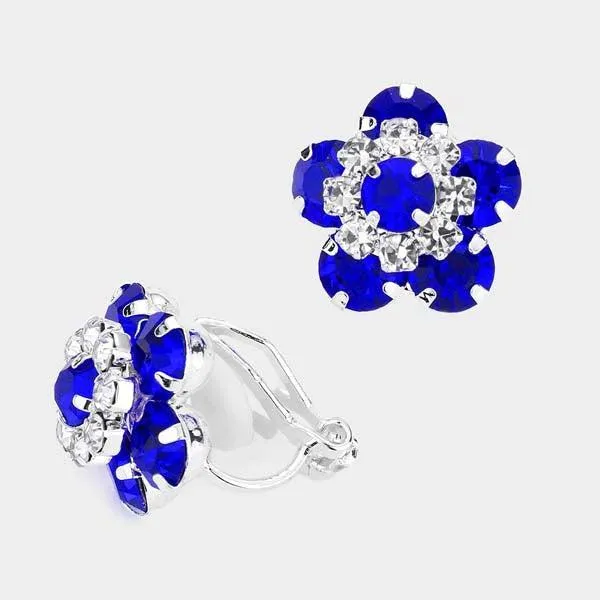 Flower Blue Bubble Stone Silver Clip on Earrings