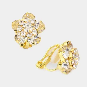 Flower Clear Bubble Stone Gold Clip on Earrings