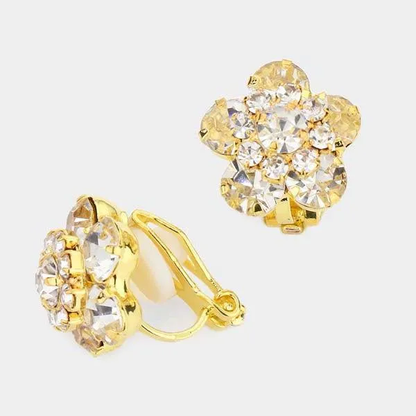 Flower Clear Bubble Stone Gold Clip on Earrings