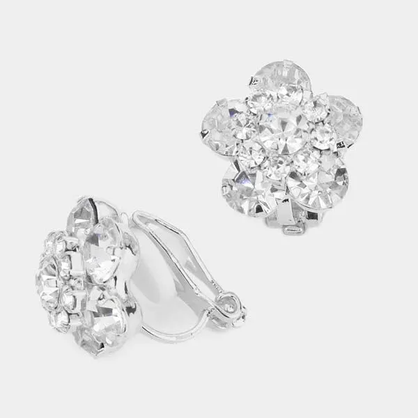 Flower Clear Bubble Stone Silver Clip on Earrings